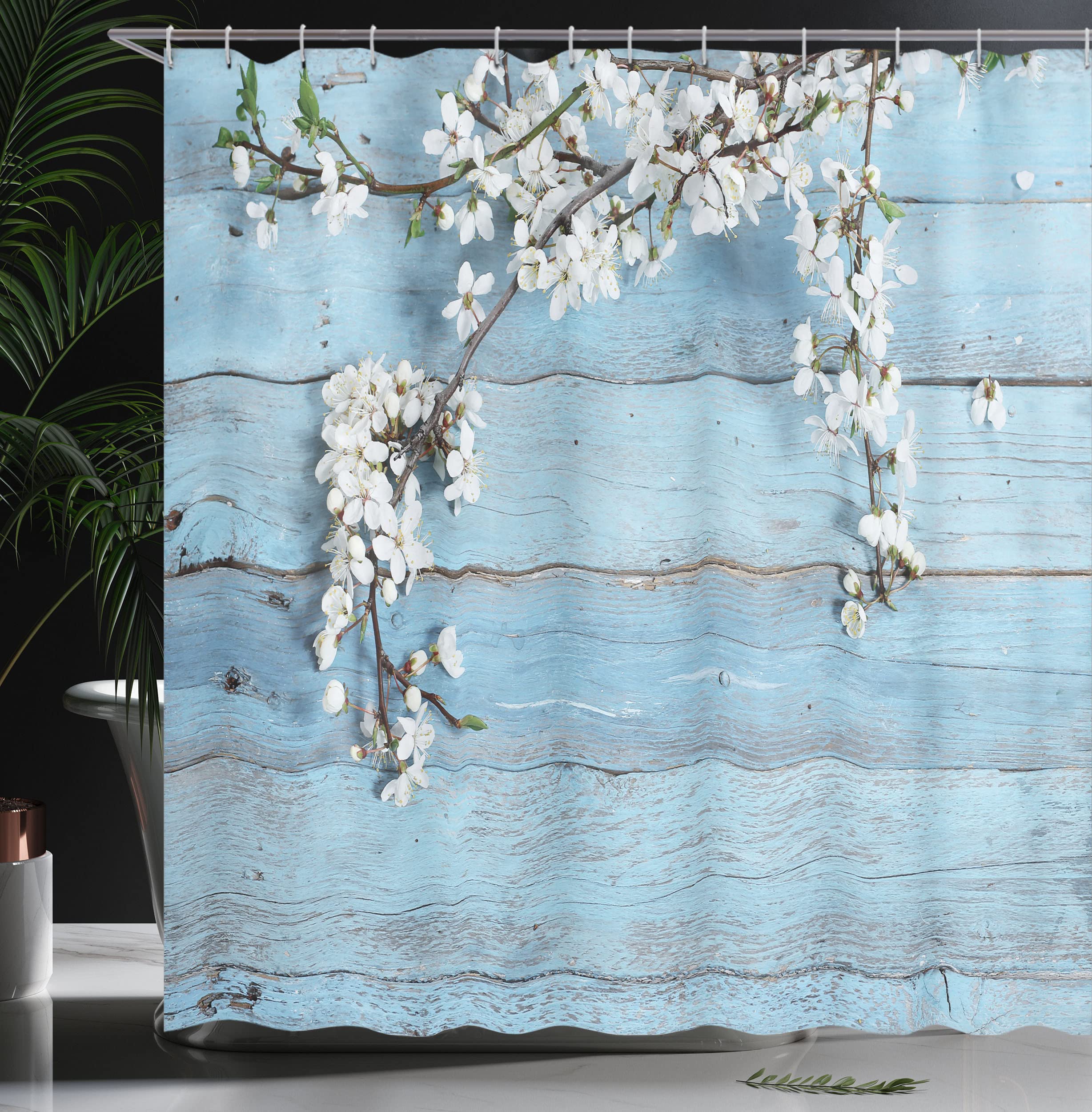 Ambesonne Rustic Shower Curtain, Branch Blooming Warm Season Flowers On Wooden Fragility Of Spring, Cloth Fabric Bathroom Decor